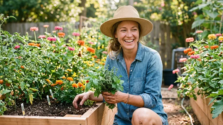 A woman laughing in her backyard garden, holding a bunch of herbs she just picked